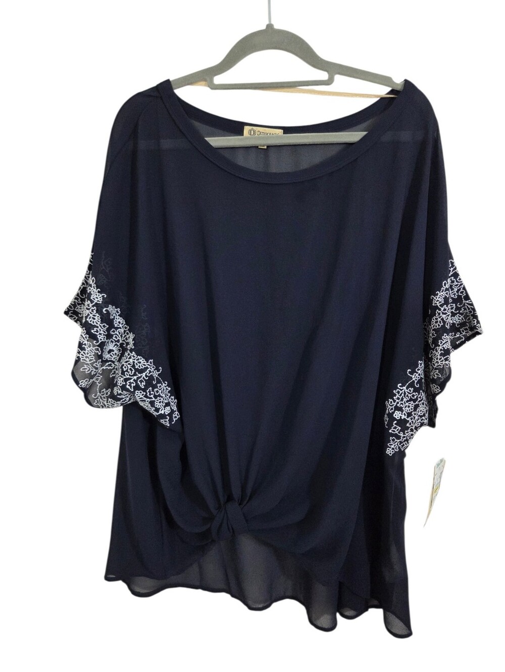 NWT Democracy Sheer Blouse Navy Blue Embroidered Knot Front Size 2X Boho Beachy